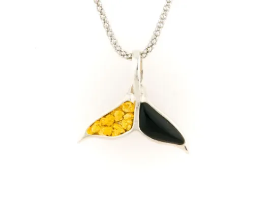 Alaska Black Petrified Wood Whale Tail Pendant With Partial Gold Nugget Inlay