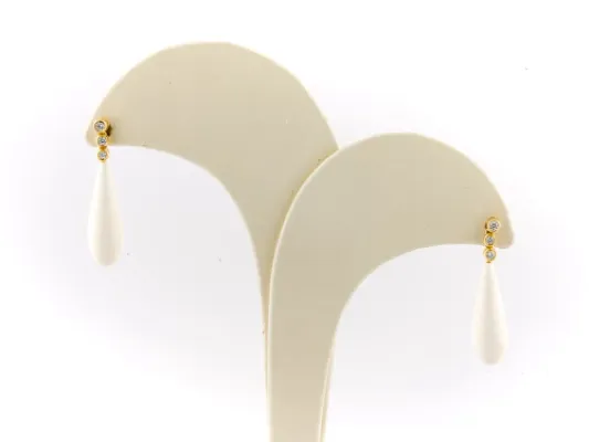 Ivory Jacks Fossilized Woolly Mammoth Ivory Cream Teardrop Earrings With 3 Diamonds