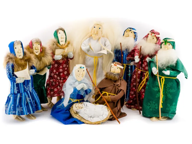 Handmade Nativity Set With Ten Native Eskimo Dolls