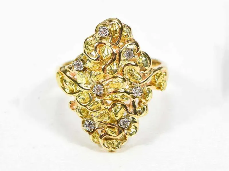 Orocal Diamond Shaped Gold Nugget Ladies Ring With Small Nuggets & Diamonds - RL239D14