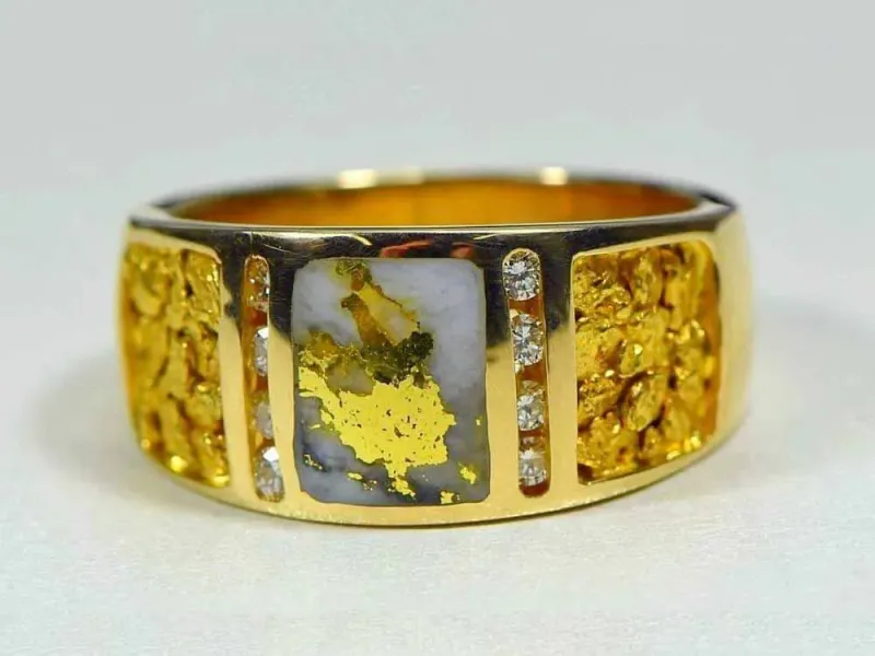 Orocal Gold Quartz Men's Ring With Diamonds and Gold Nugget Side Panels - RM732LDNQ