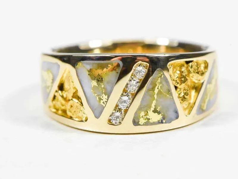 Orocal Triangle Gold Quartz & Gold Nugget Men's Ring With Center Diamonds - RM883D20NQ