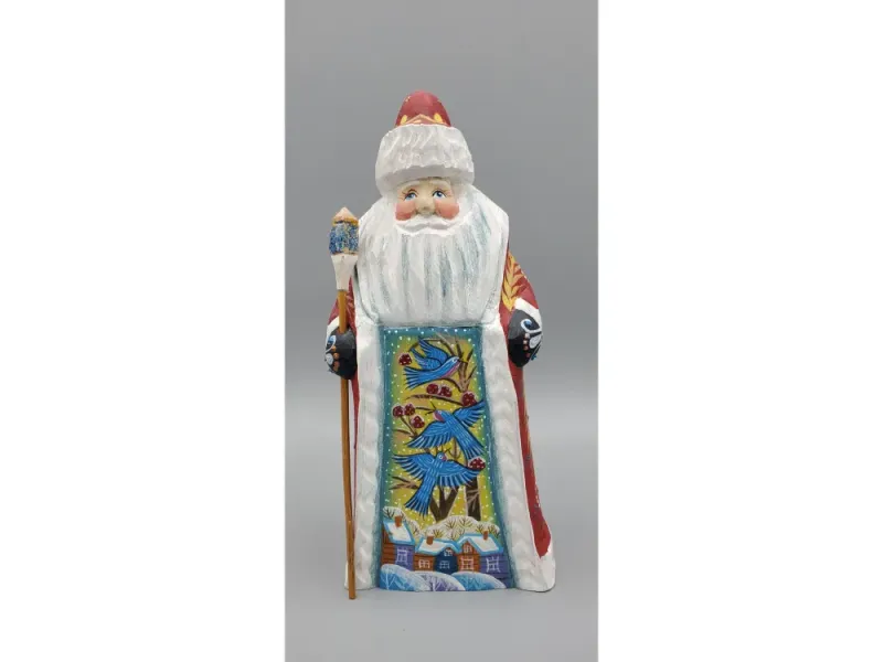 Russian Hand Carved Father Frost with Bluebirds on Coat