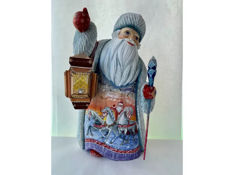 Russian Hand Carved Father Frost With Lantern And Staff