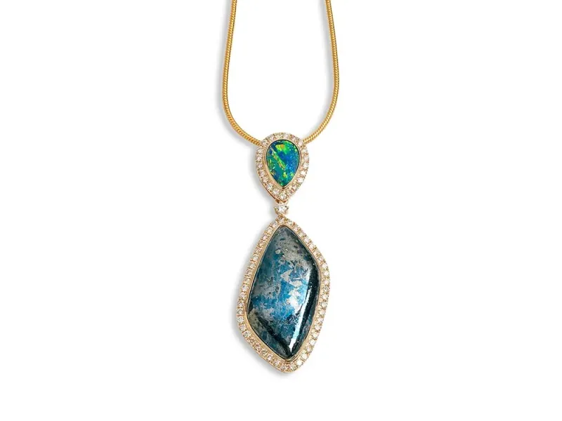 Star Of Alaska Large Covellite Pendant With Opal Inlay