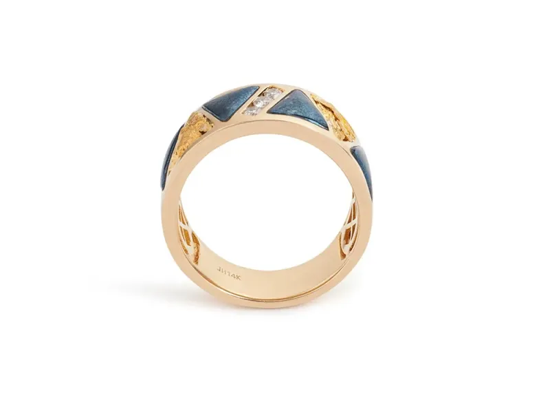 Star Of Alaska Covellite Diagonal Nugget Men's Ring With Diamonds