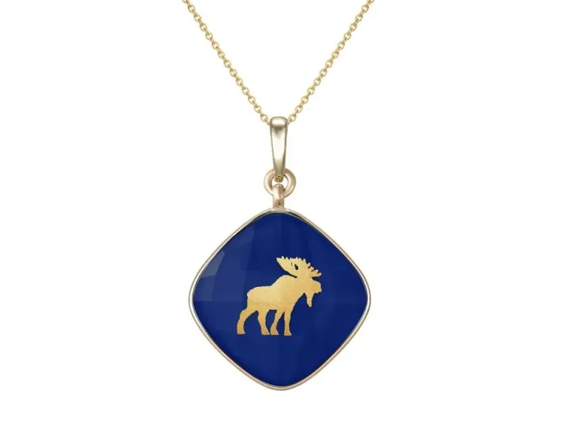 Denny Wong Alaska Moose Double Sided Blue Quartz Pendant In 24 Karat Gold Leaf With 18 Karat Gold Bail