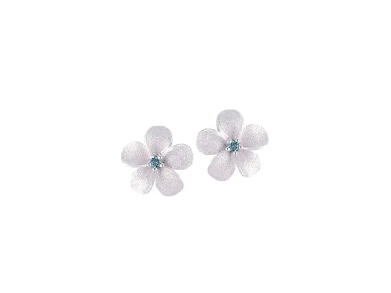 Denny Wong Forget-Me-Not Plumeria Flower Post Earrings With Center Blue Diamonds In 14 Karat White Gold (FEP-11SBD4W)