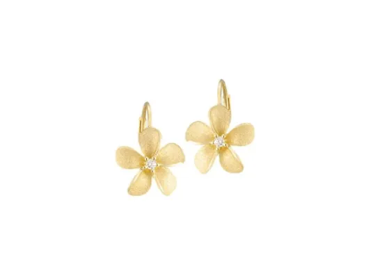 Denny Wong Forget-Me-Not Plumeria Flower Leverback Earrings With Center White Diamonds In 14 Karat Yellow Gold (FEP-11SD4-LB)