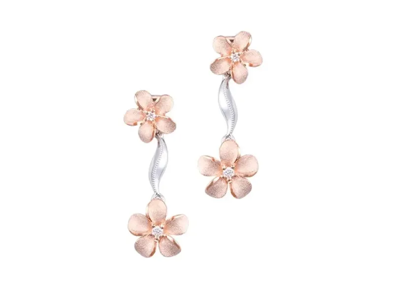 Denny Wong Forget-Me-Not Plumeria Flower Dangle Earrings In 14 Karat White & Rose Gold With Center Diamonds (FEPL-SD6PW)