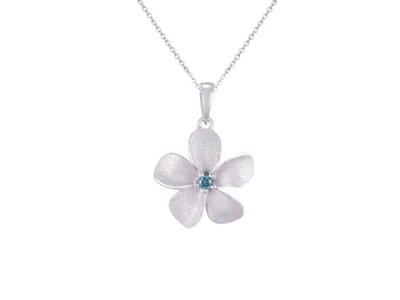 Denny Wong Forget-Me-Not Plumeria Flower Pendant With Center Blue Diamond In 14 Karat White Gold (FPP-15SBD4W)