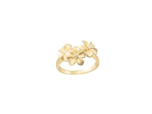Denny Wong Triple Forget-Me-Not Plumeria Flower Ladies Ring With Center Diamonds In 14 Karat Yellow Gold (FRP-08SD-3)
