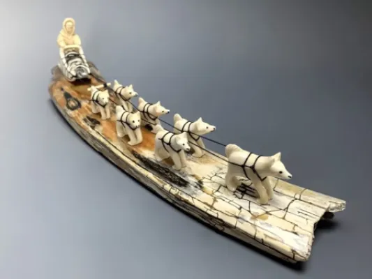 Fossilized Mammoth Ivory Dog Sled Sculpture