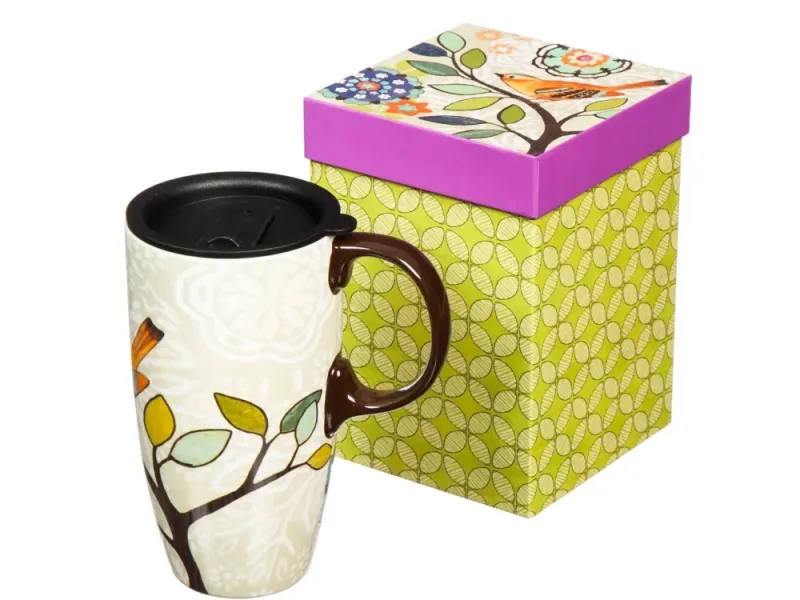Bird Bliss Ceramic Latte Travel Cup with Gift Box
