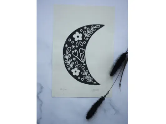 Black Floral Moon Print