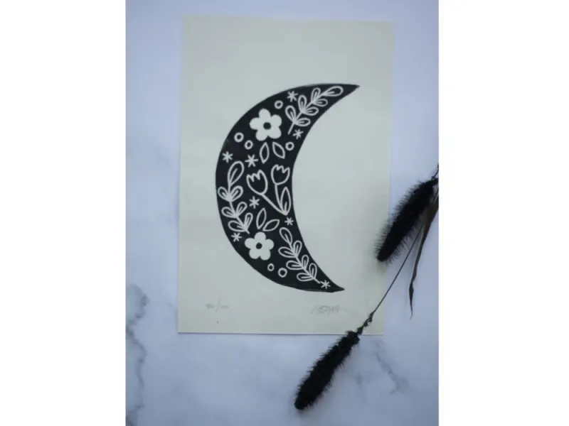 Black Floral Moon Print