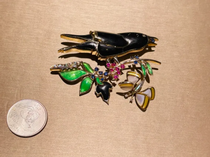 Raven Brooch With Alaska Black Petrified Wood & Precious Stones