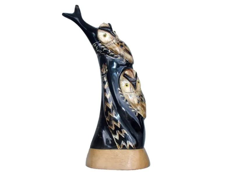 Twin Owls On Tree Carved Buffalo Horn