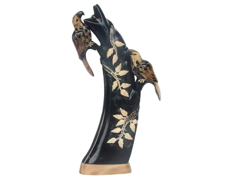 Two Eagles On A Stand Carved Buffalo Horn