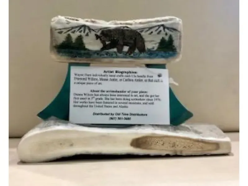 "Bear with Fish Design" Scrimshaw Antler Ulu Knife