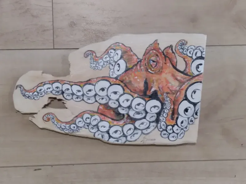 Handmade Octopus  Painting On Driftwood Slab