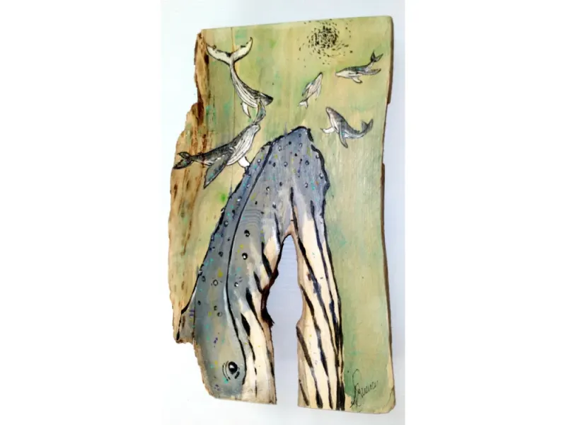 Handmade Dancing Whales Painting On Driftwood Slab