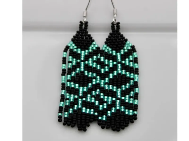 Beaded Fringe Earring - Black and Green