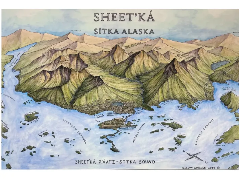 Sitka Alaska Map  (Sheet’ká)  - Watercolor/Pen and Ink