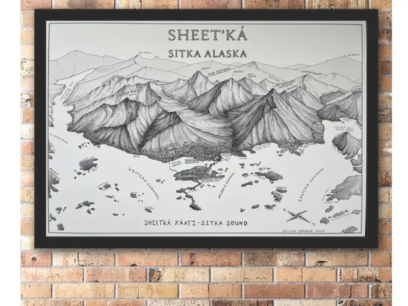 Sitka Alaska Map  (Sheet’ká) Black and White  - Watercolor/Pen and Ink