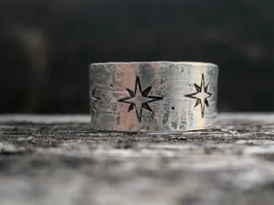 Sterling Silver Wide Band Compass Rose North Star Ring With Texture
