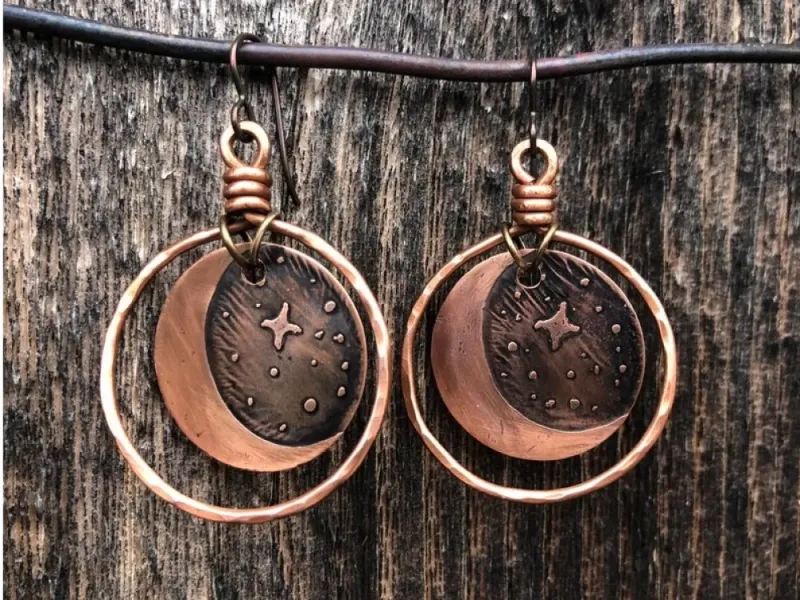 Crescent Moon And Stars Artisan Copper Hoop Earrings