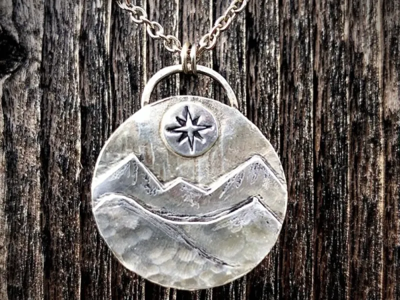 Silver Mountain Pendant With Compass Rose North Star