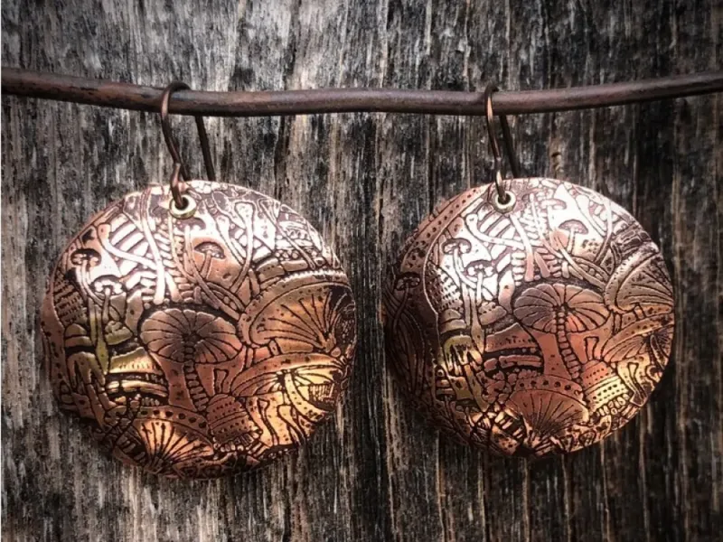 Domed Disk Mushroom Textured Hand Made Copper Disk Earrings