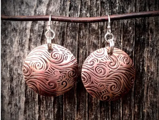 Domed Disk Water Swirl Textured Hand Made Copper Disk Earrings