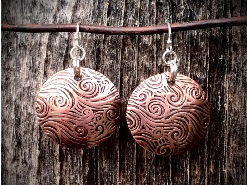 Domed Disk Water Swirl Textured Hand Made Copper Disk Earrings