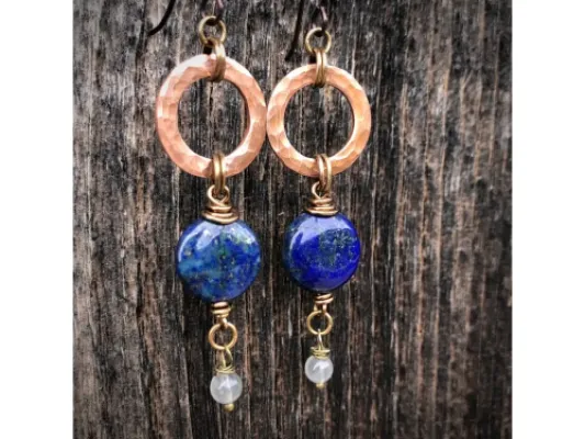 Copper Wide Hoop Earrings With Blue Chrysocolla And Labradorite.