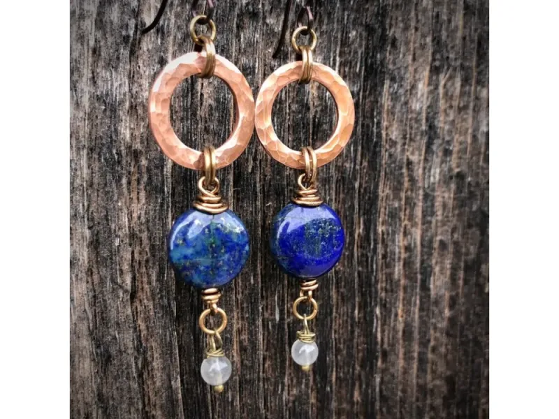 Copper Wide Hoop Earrings With Blue Chrysocolla And Labradorite.
