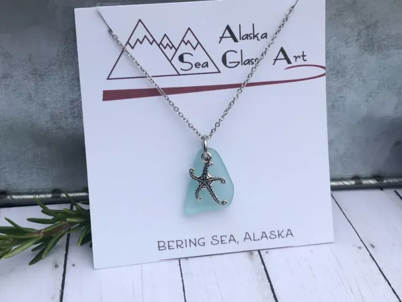 Alaska Sea Glass Pendant with Starfish Charm 