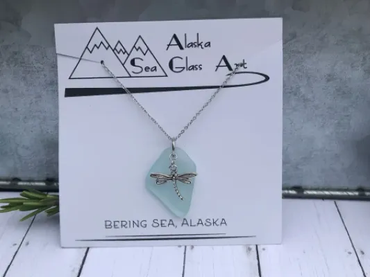 Alaska Sea Glass Pendant with Dragonfly Charm 