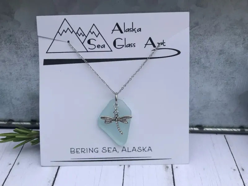 Alaska Sea Glass Pendant with Dragonfly Charm 