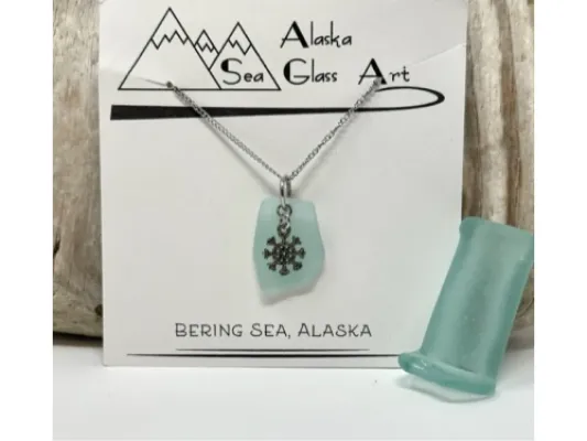 Alaska Sea Glass Pendant with snowflake Charm 