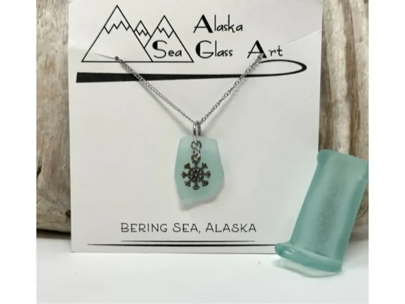 Alaska Sea Glass Pendant with snowflake Charm 