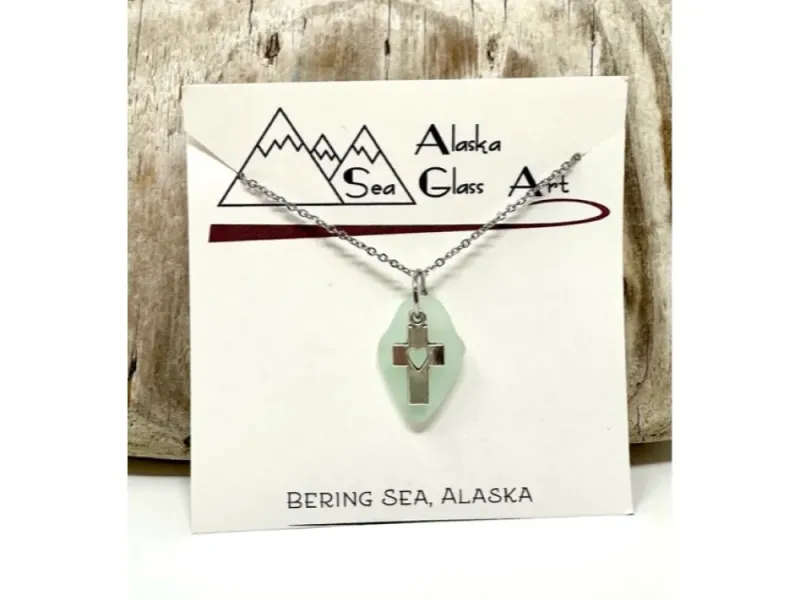 Alaska Sea Glass Pendant with Cross & Heart Charm 
