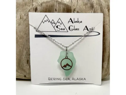 Alaska Sea Glass Pendant with a Fun Mountain Charm 