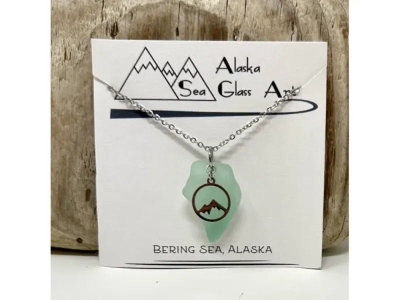 Alaska Sea Glass Pendant with a Fun Mountain Charm 