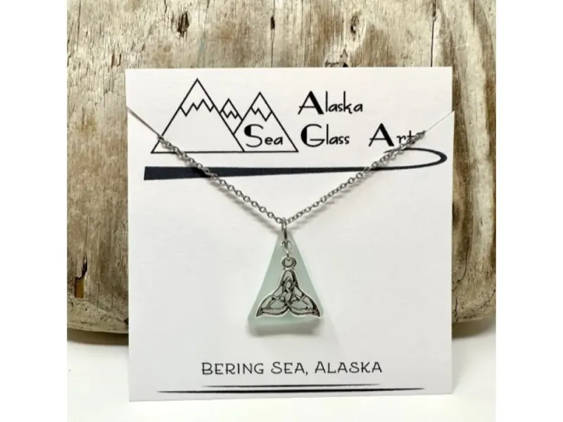 Alaska Sea Glass Pendant with a Celtic Whale Tail  Charm 