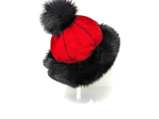  Elk Leather Shearling Fur Pom Hat With Black Shadow Fox Trim