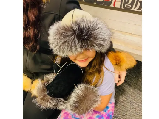 Leather Shearling Fur Cap With Silver Fox Trim