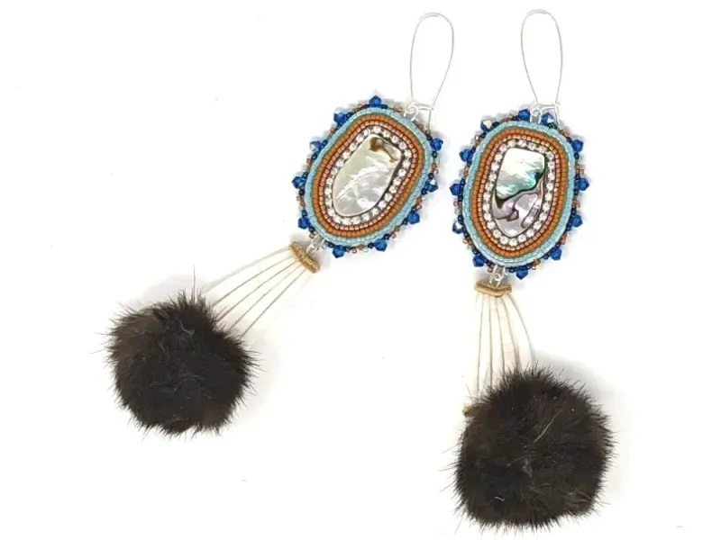 Sea Otter Fur Pom Beaded Dangle Earrings 