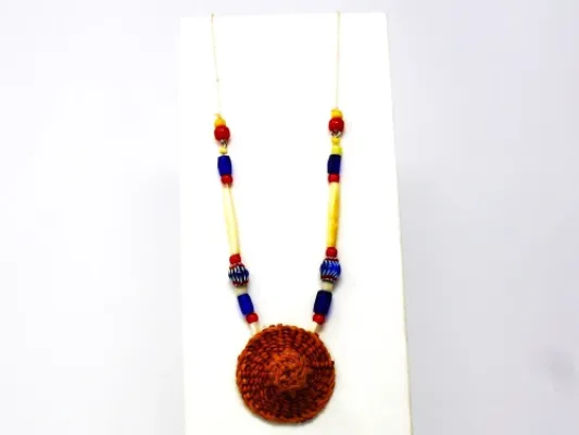 Woven Miniature Cedar Bark Hat and Trade Bead Necklace